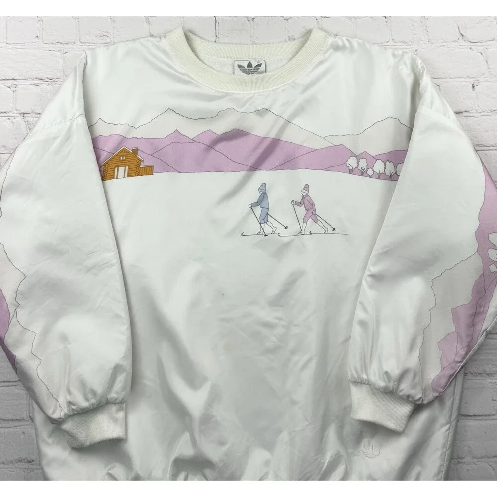 Vintage 80s Adidas AOP Skiing Ski Snow Winter Pink Nylon Sweatshirt Size Large L
